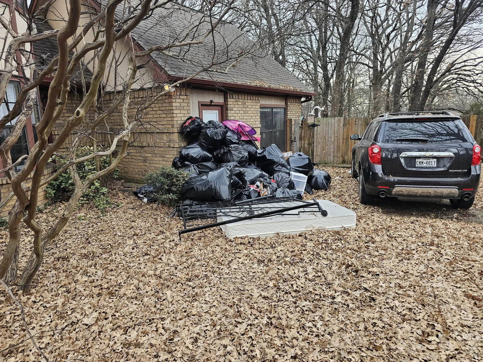 Backyard covered in trash bags before cleanout